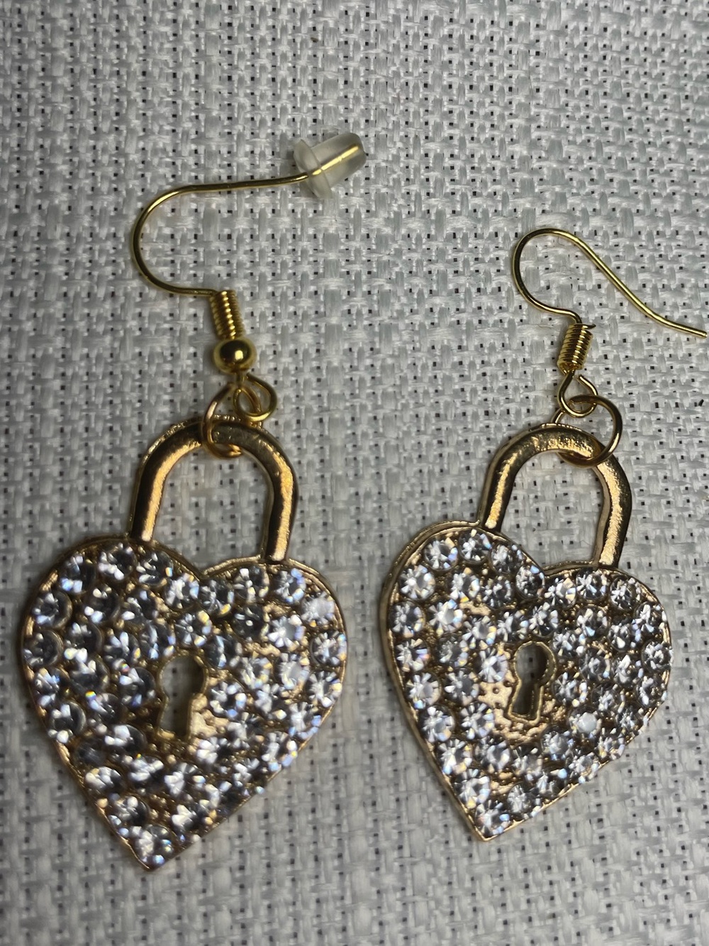 Unique Vintage Gold Heart Lock Earrings with Clear Crystals